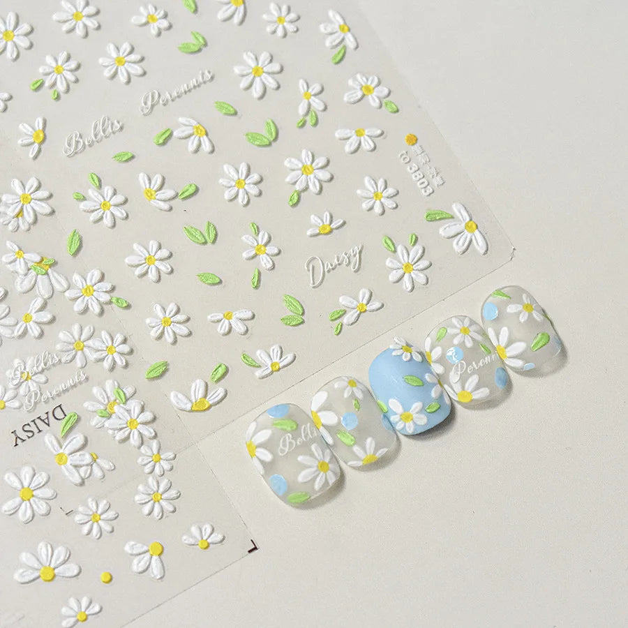 1pcs 5D Elegant White Daisy Nail Art Stickers Japanese Kawaii Flower Adhesive Nail Decorations Decals DIY Manicure Accessories