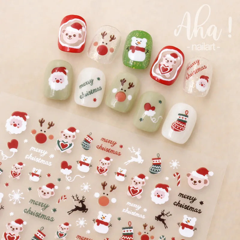 1PC Christmas Santa Claus Elk Nail Art Stickers 3D Snowflake New Year Cartoon Nail Decor Decals Xmas Adhesive Manicure Sliders ^