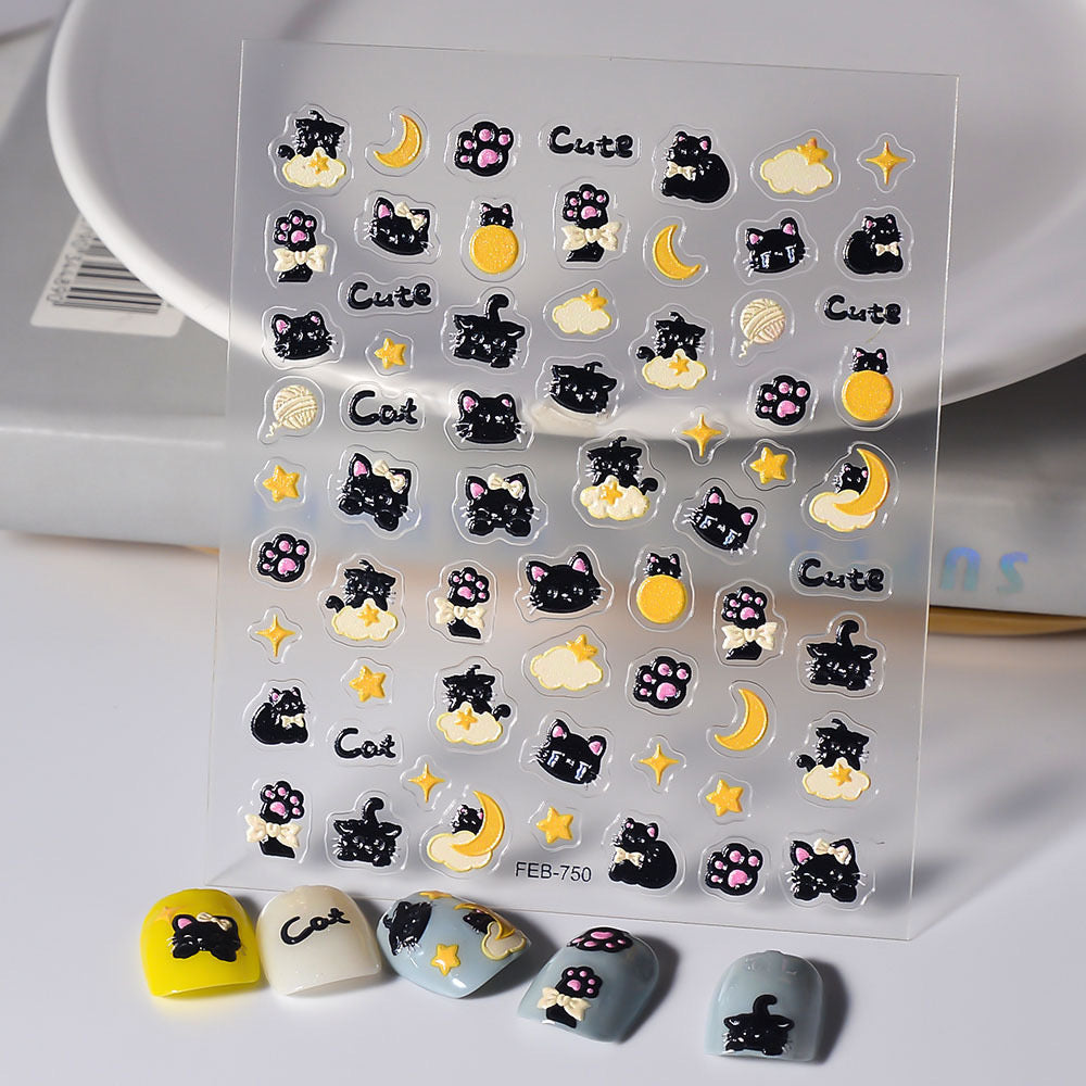 1PC 5D Black Cat Nail Stickers Decals – Cute Kawaii Cat Manicure Art, Halloween Adhesive Nail Slider, DIY Gel Nails Decoration for Home Salon